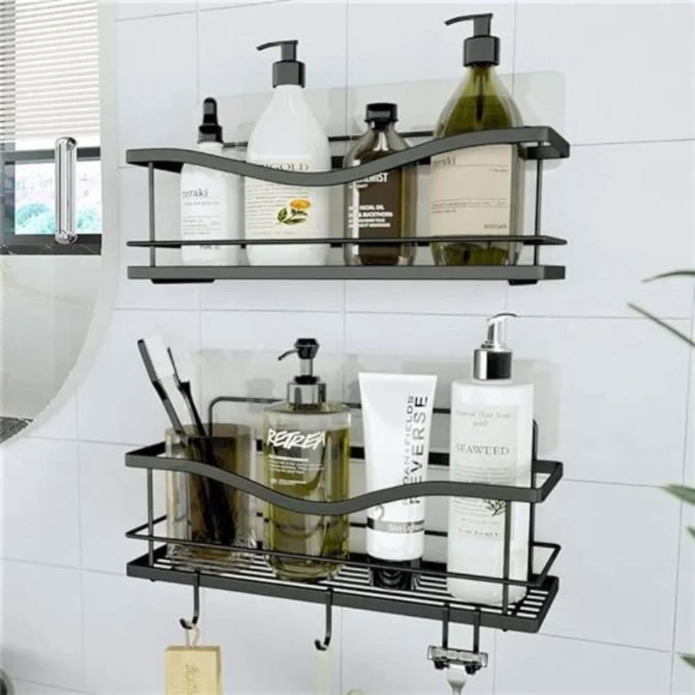 Shower Shelves 2-Pack -Self Adhesive Caddy with 4 Hooks -No Drill Large Capacity